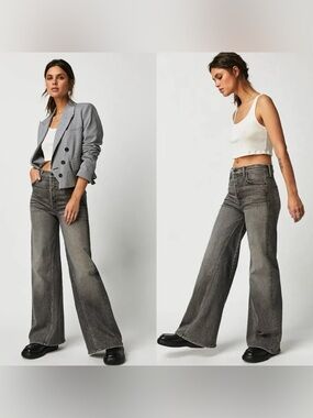 MOTHER MOTHER The Enchanter Sneak Wide Leg Jeans in washed grey